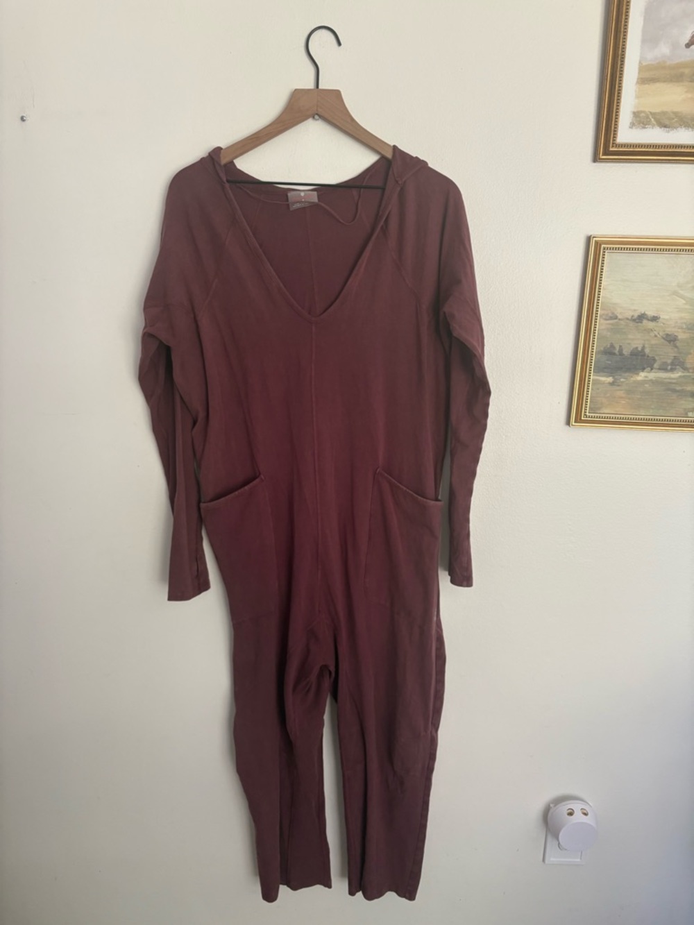 FP Movement by Free People Burgundy V-Neck Hooded Jumpsuit Hotshot Womens Small